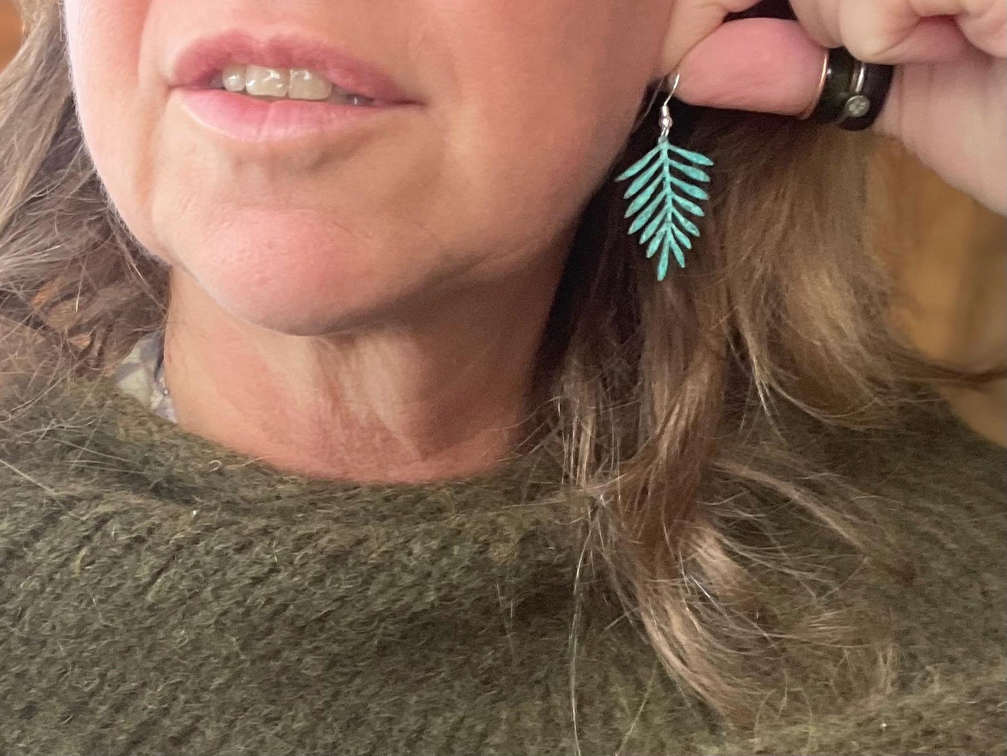 Handmade leaf earrings. Rustic earrings, unusual earrings, unusual gift for her, blue earrings, boho earrings, leaf jewellery, hippy gift