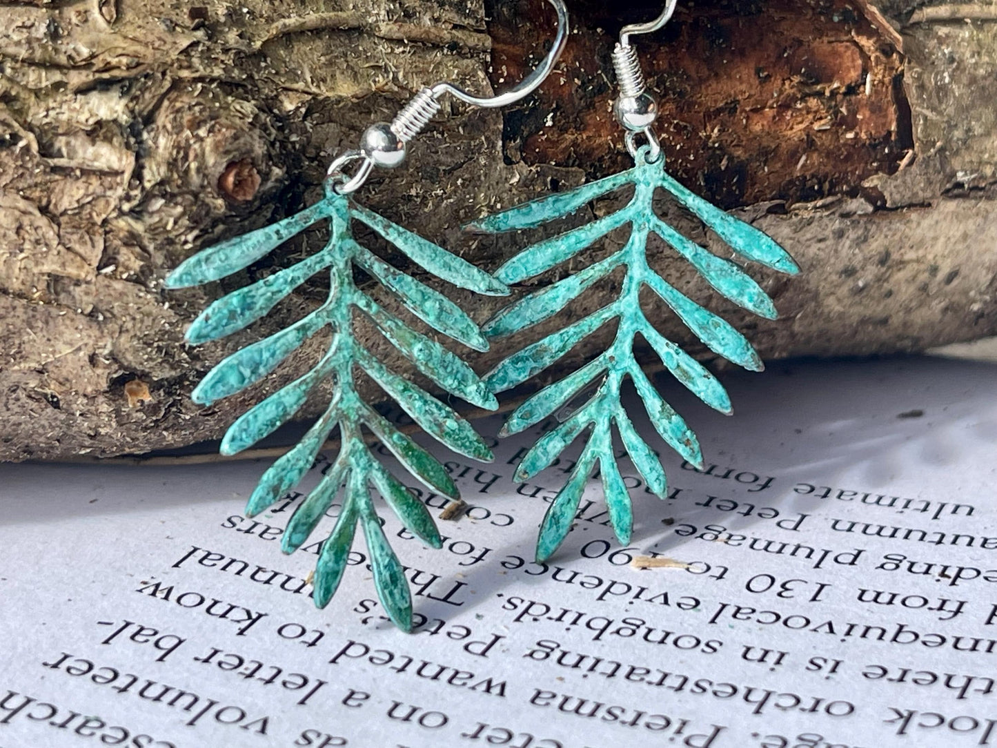 Handmade leaf earrings. Rustic earrings, unusual earrings, unusual gift for her, blue earrings, boho earrings, leaf jewellery, hippy gift
