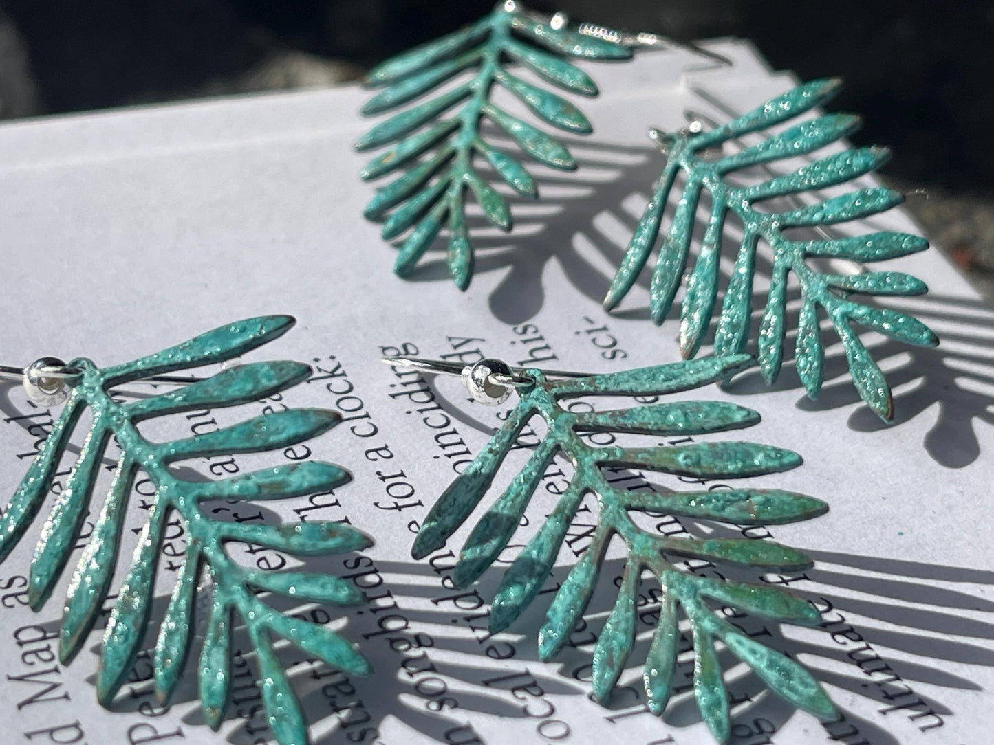 Handmade leaf earrings. Rustic earrings, unusual earrings, unusual gift for her, blue earrings, boho earrings, leaf jewellery, hippy gift