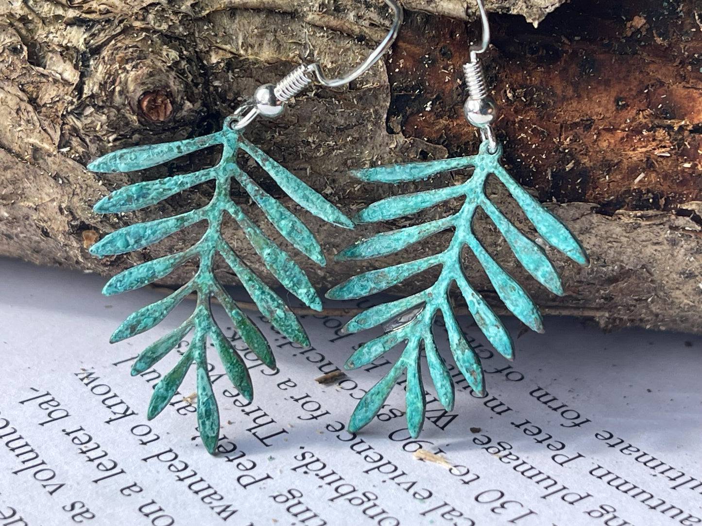 Handmade leaf earrings. Rustic earrings, unusual earrings, unusual gift for her, blue earrings, boho earrings, leaf jewellery, hippy gift