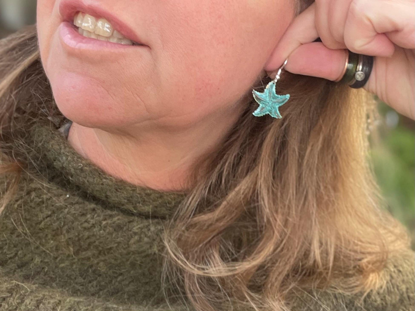 Handmade starfish earrings. Rustic earrings, unusual earrings, unusual gift for her, blue earrings, boho earrings, hippy gift. Beach earring