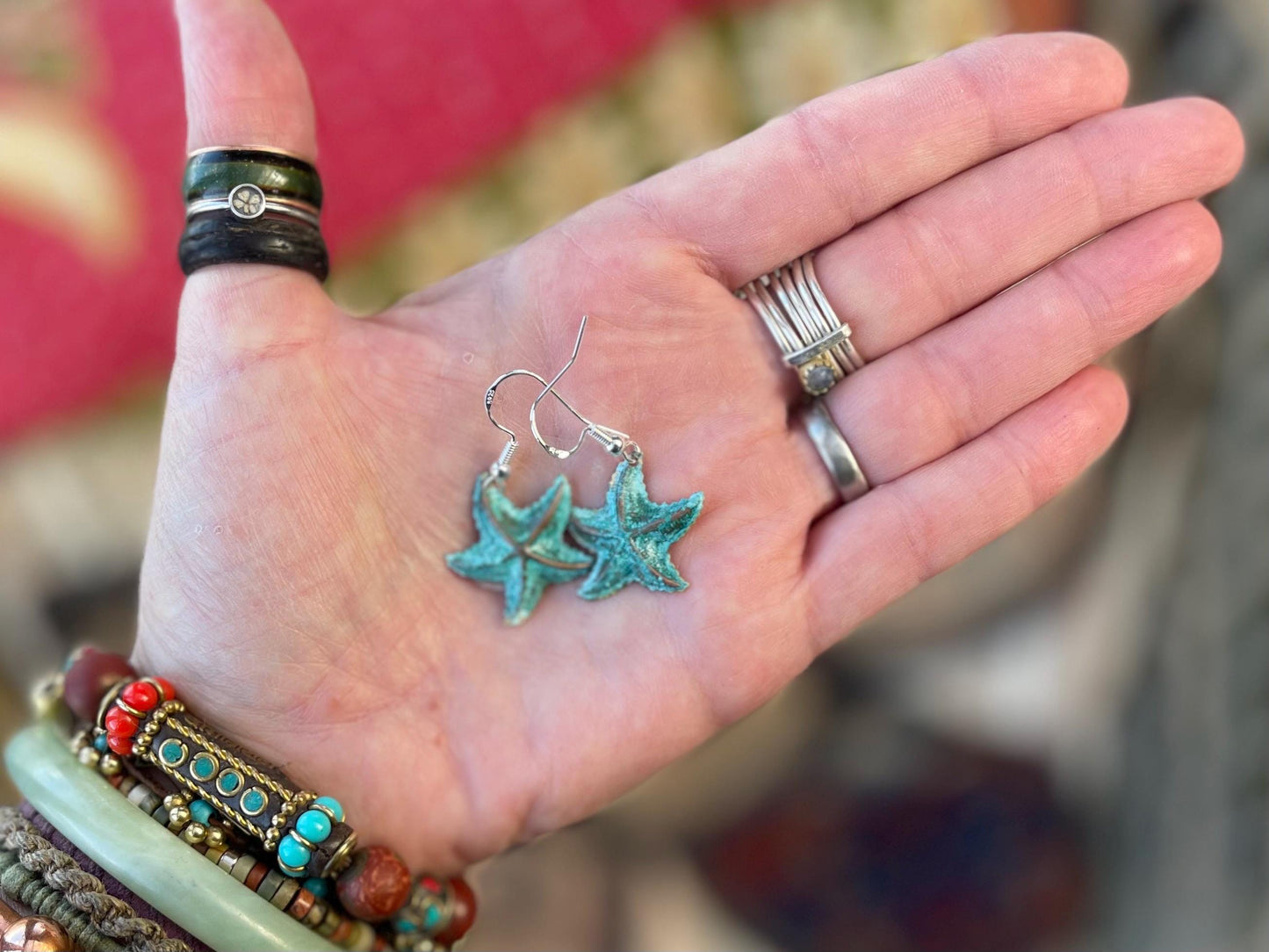 Handmade starfish earrings. Rustic earrings, unusual earrings, unusual gift for her, blue earrings, boho earrings, hippy gift. Beach earring