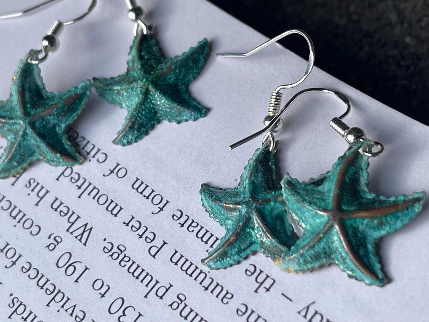 Handmade starfish earrings. Rustic earrings, unusual earrings, unusual gift for her, blue earrings, boho earrings, hippy gift. Beach earring