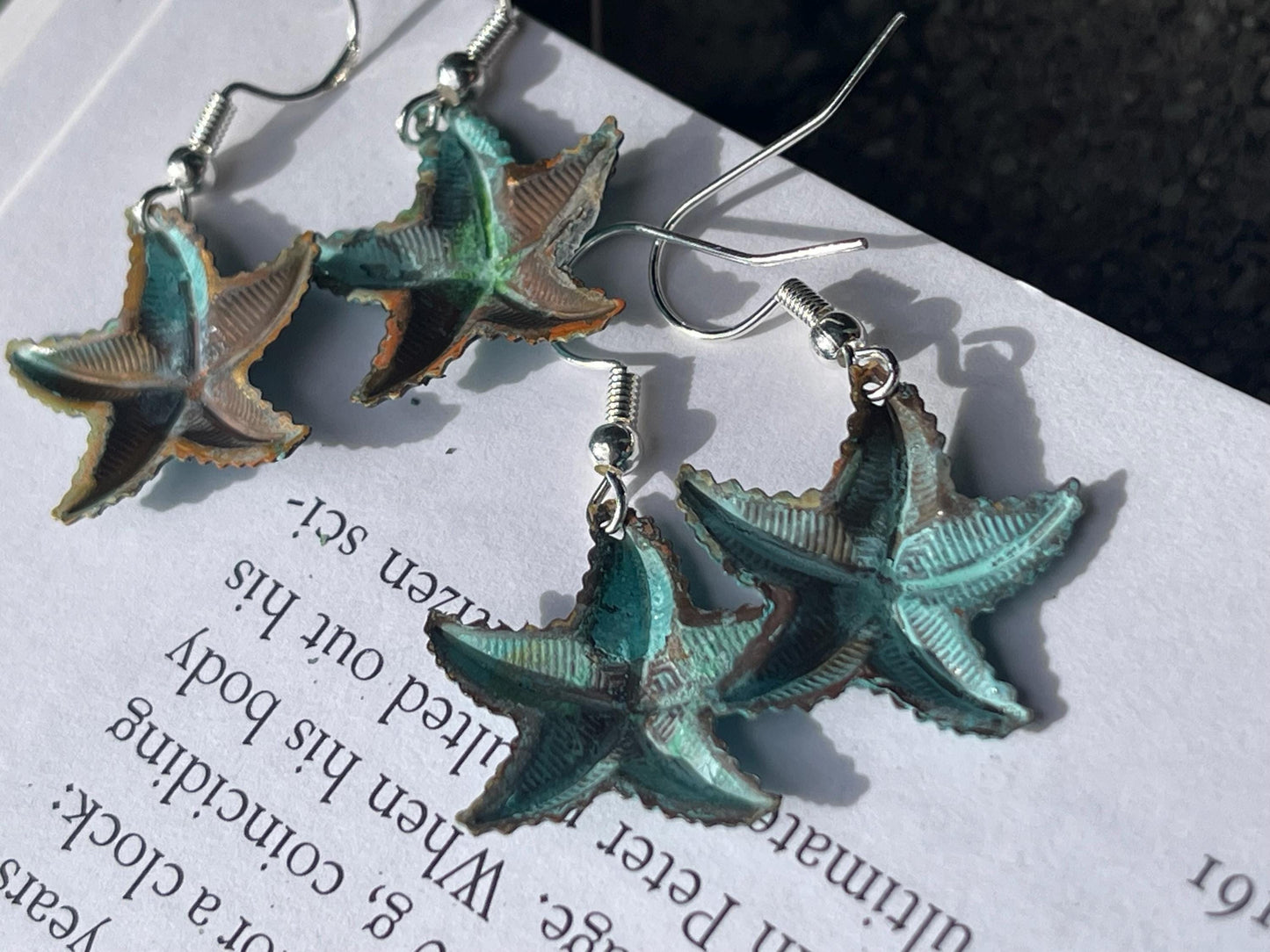 Handmade starfish earrings. Rustic earrings, unusual earrings, unusual gift for her, blue earrings, boho earrings, hippy gift. Beach earring