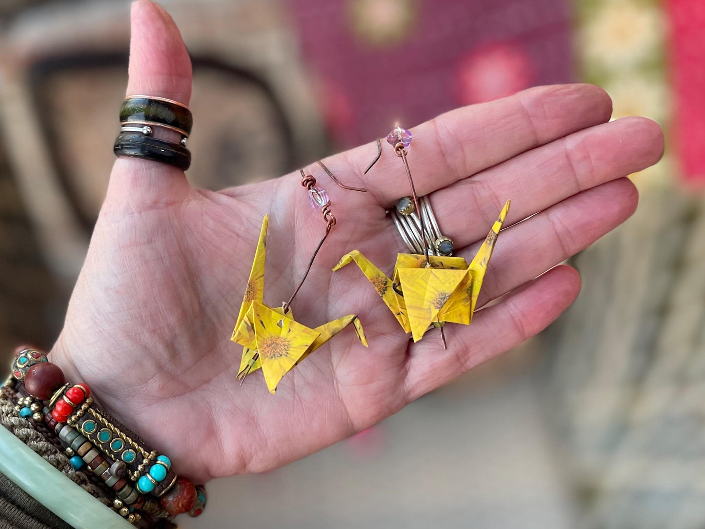 Bird origami earrings on recycled metals. Eco friendly jewellery. Bird earrings. Handmade bird jewellery. Yellow birds. Ethical jewellery.