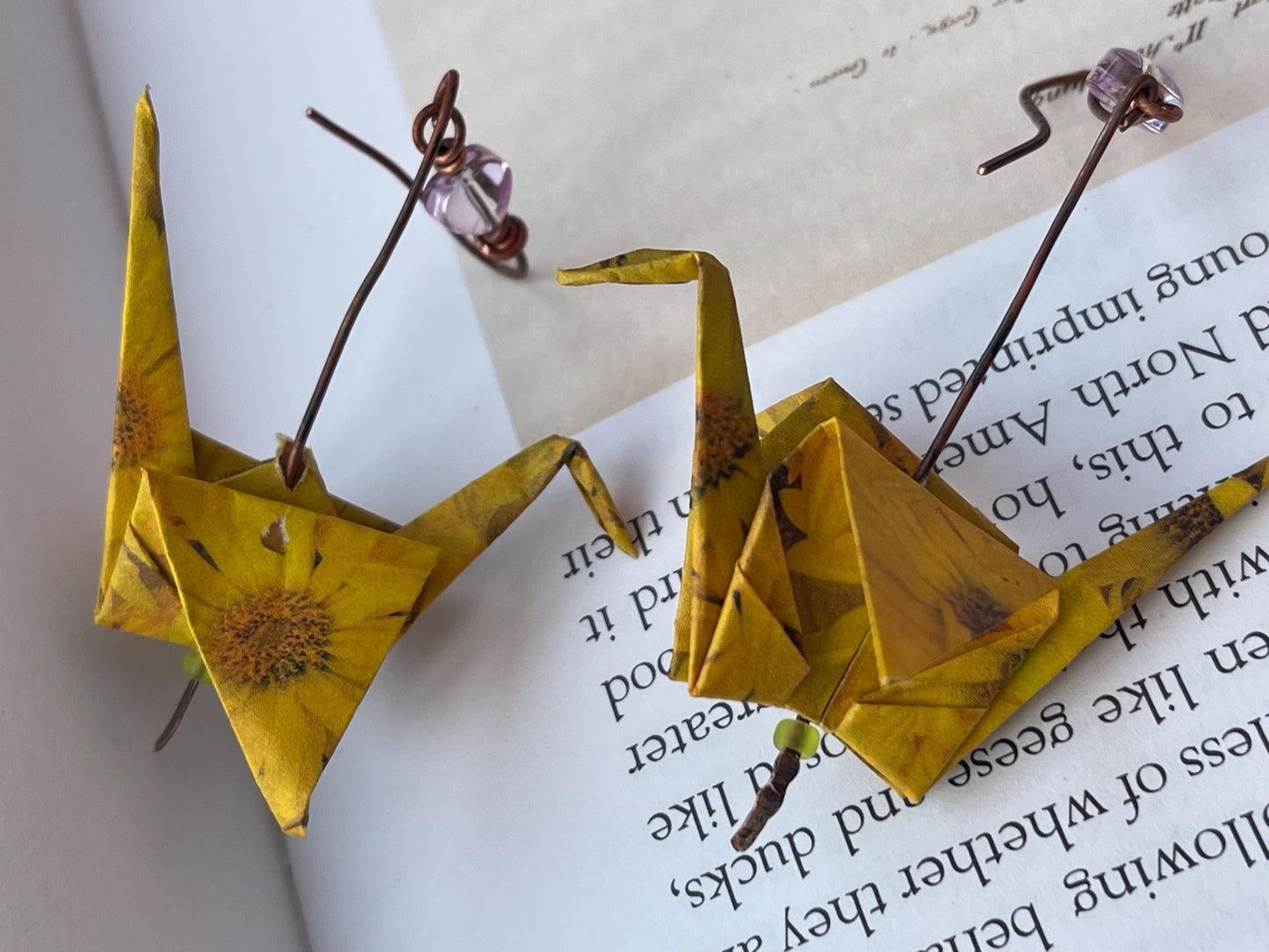 Bird origami earrings on recycled metals. Eco friendly jewellery. Bird earrings. Handmade bird jewellery. Yellow birds. Ethical jewellery.