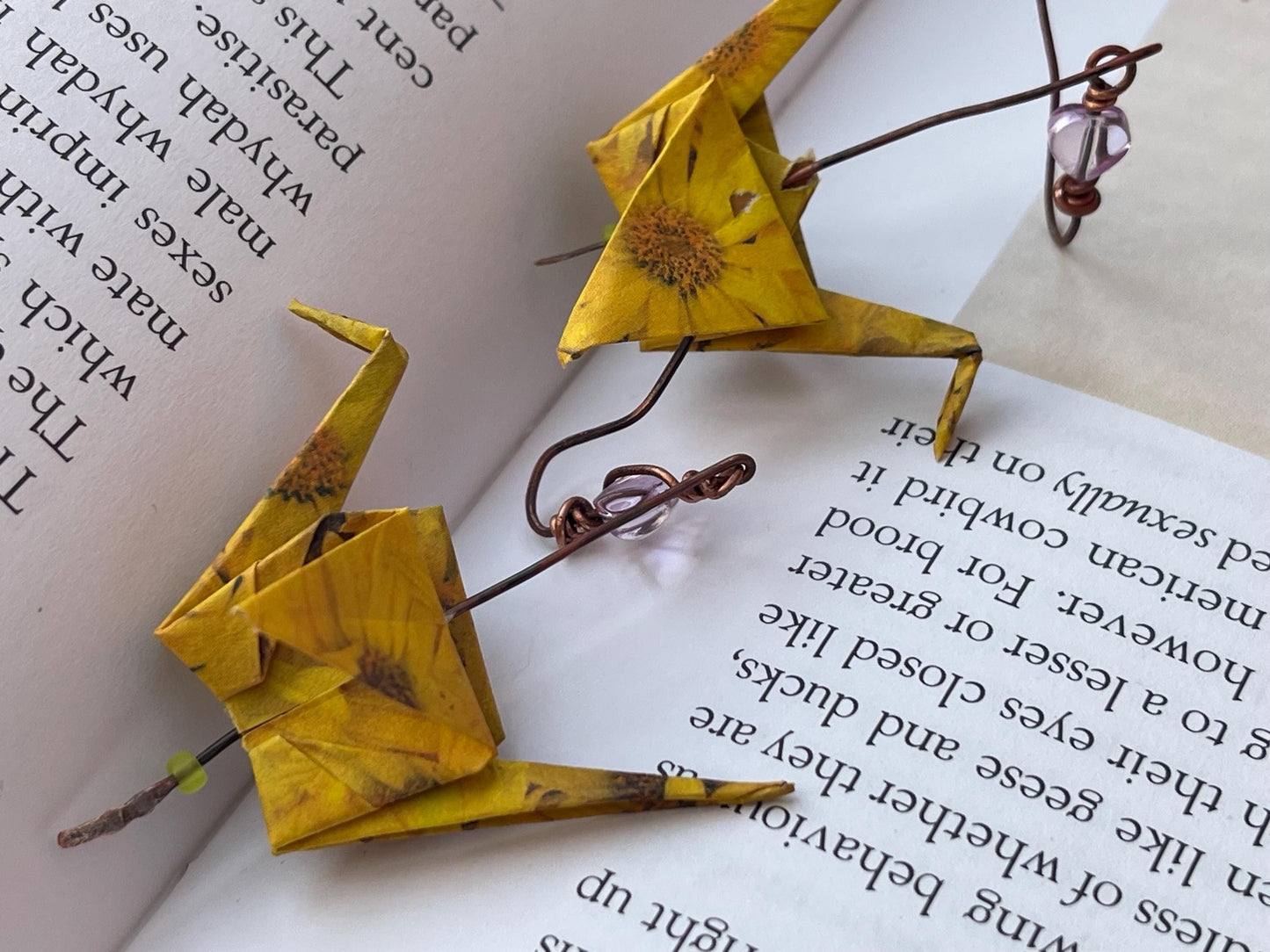 Bird origami earrings on recycled metals. Eco friendly jewellery. Bird earrings. Handmade bird jewellery. Yellow birds. Ethical jewellery.