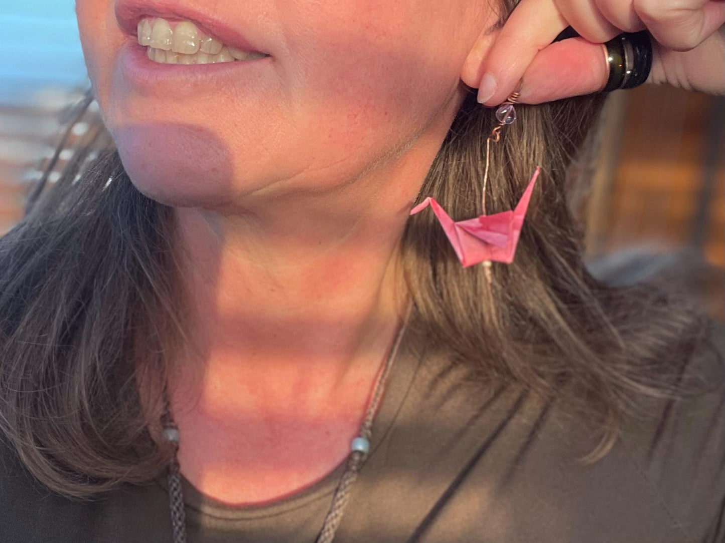 Bird origami earrings on recycled metals. Eco friendly jewellery. Bird earrings. Handmade bird jewellery. Pink birds. Ethical jewellery.