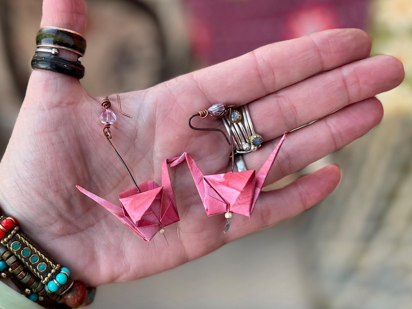Bird origami earrings on recycled metals. Eco friendly jewellery. Bird earrings. Handmade bird jewellery. Pink birds. Ethical jewellery.