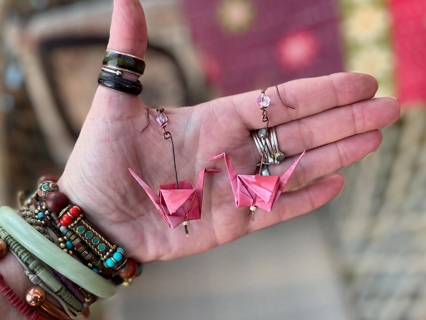 Bird origami earrings on recycled metals. Eco friendly jewellery. Bird earrings. Handmade bird jewellery. Pink birds. Ethical jewellery.