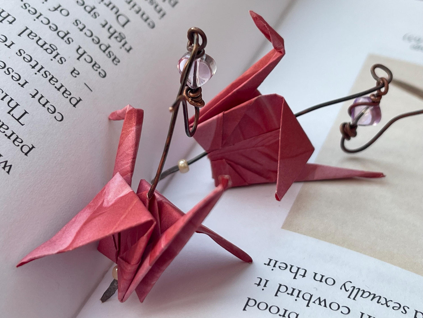 Bird origami earrings on recycled metals. Eco friendly jewellery. Bird earrings. Handmade bird jewellery. Pink birds. Ethical jewellery.