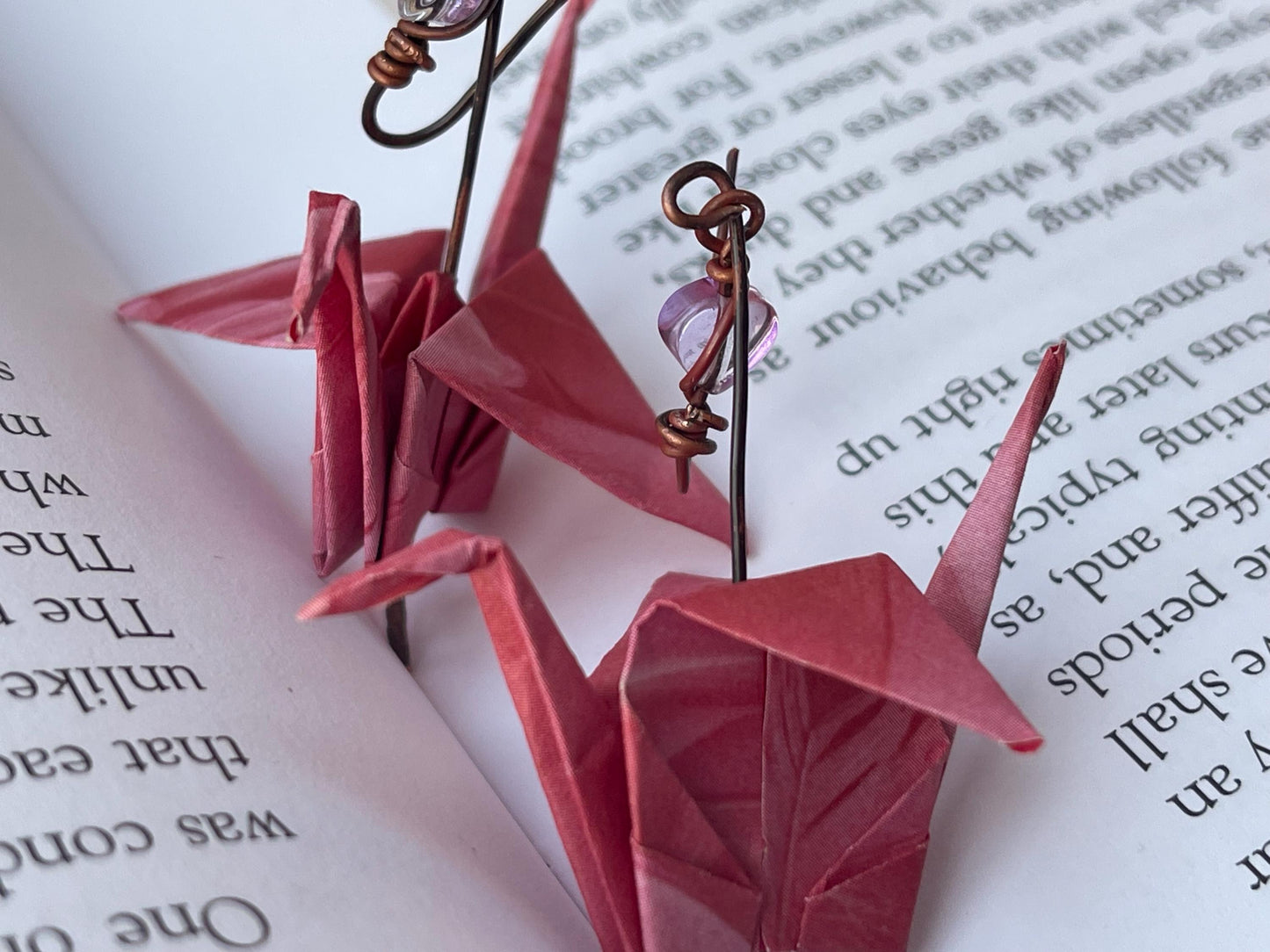 Bird origami earrings on recycled metals. Eco friendly jewellery. Bird earrings. Handmade bird jewellery. Pink birds. Ethical jewellery.