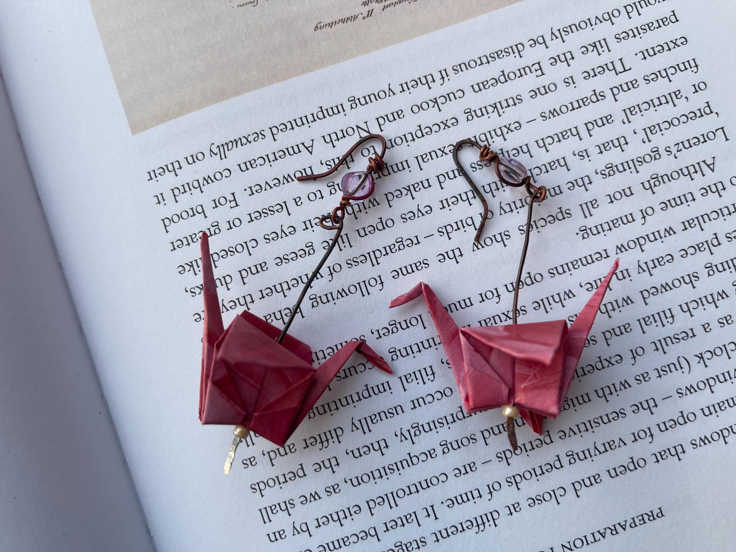 Bird origami earrings on recycled metals. Eco friendly jewellery. Bird earrings. Handmade bird jewellery. Pink birds. Ethical jewellery.