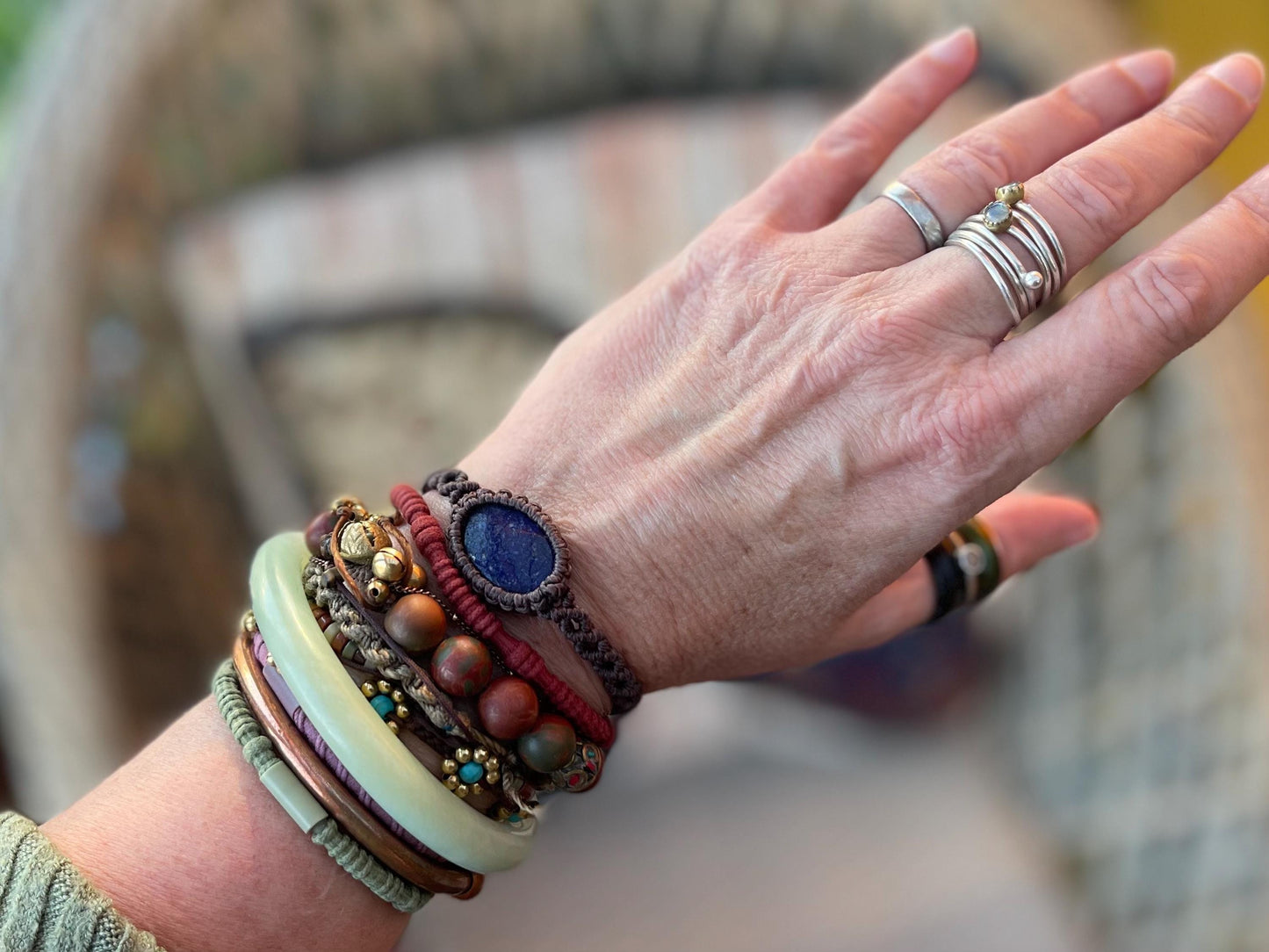 Stunning macrame wrapped lapis bracelet, ethical jewellery, unusual jewellery, macrame jewellery. Blue macrame bracelet. Boho jewellery.