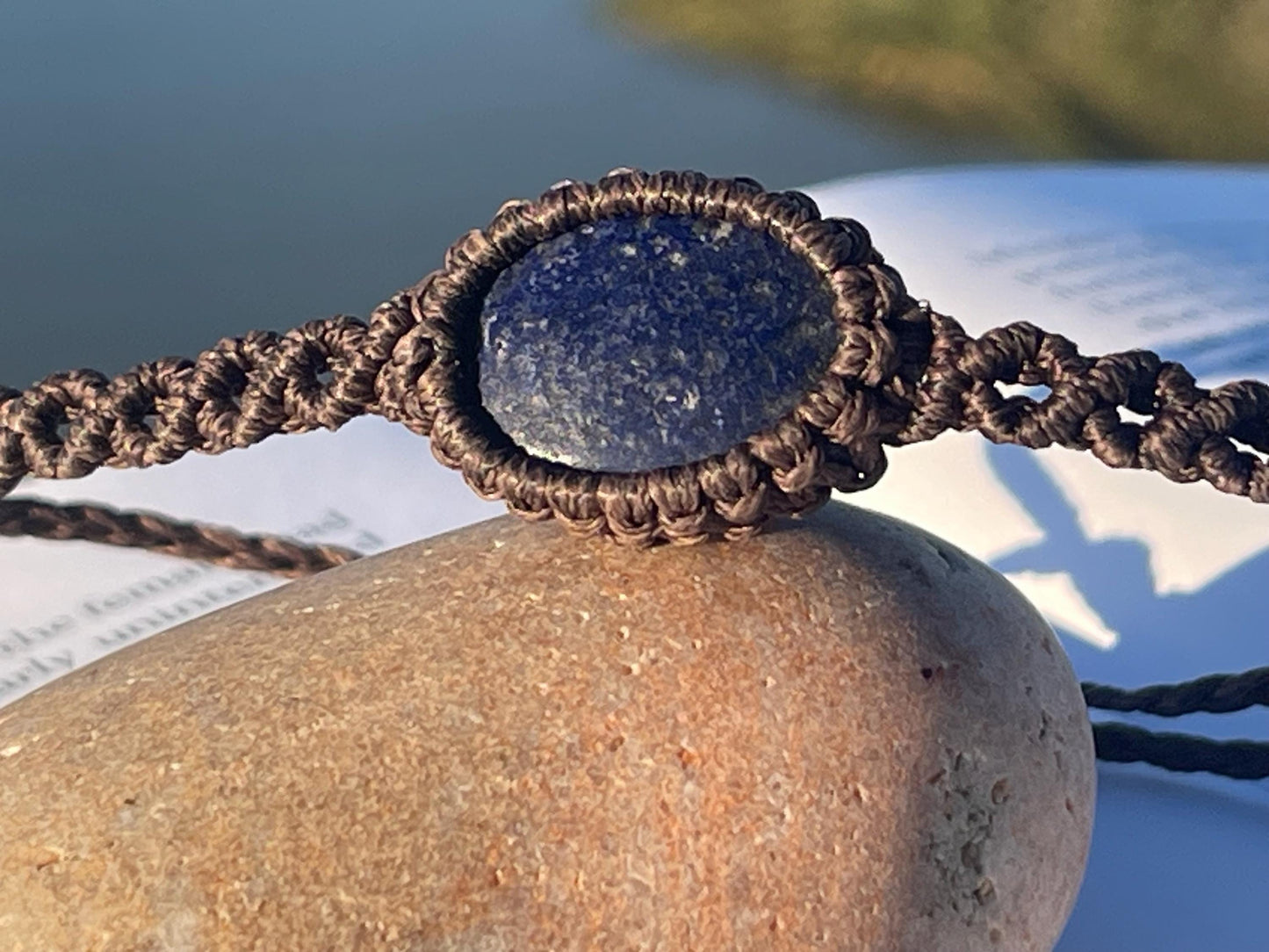 Stunning macrame wrapped lapis bracelet, ethical jewellery, unusual jewellery, macrame jewellery. Blue macrame bracelet. Boho jewellery.