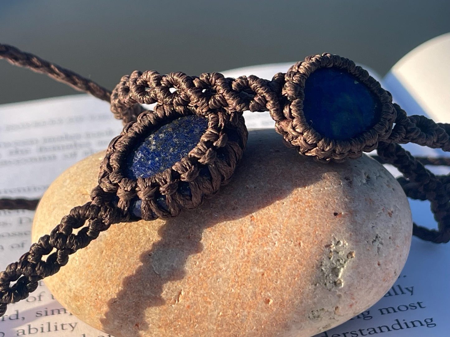 Stunning macrame wrapped lapis bracelet, ethical jewellery, unusual jewellery, macrame jewellery. Blue macrame bracelet. Boho jewellery.