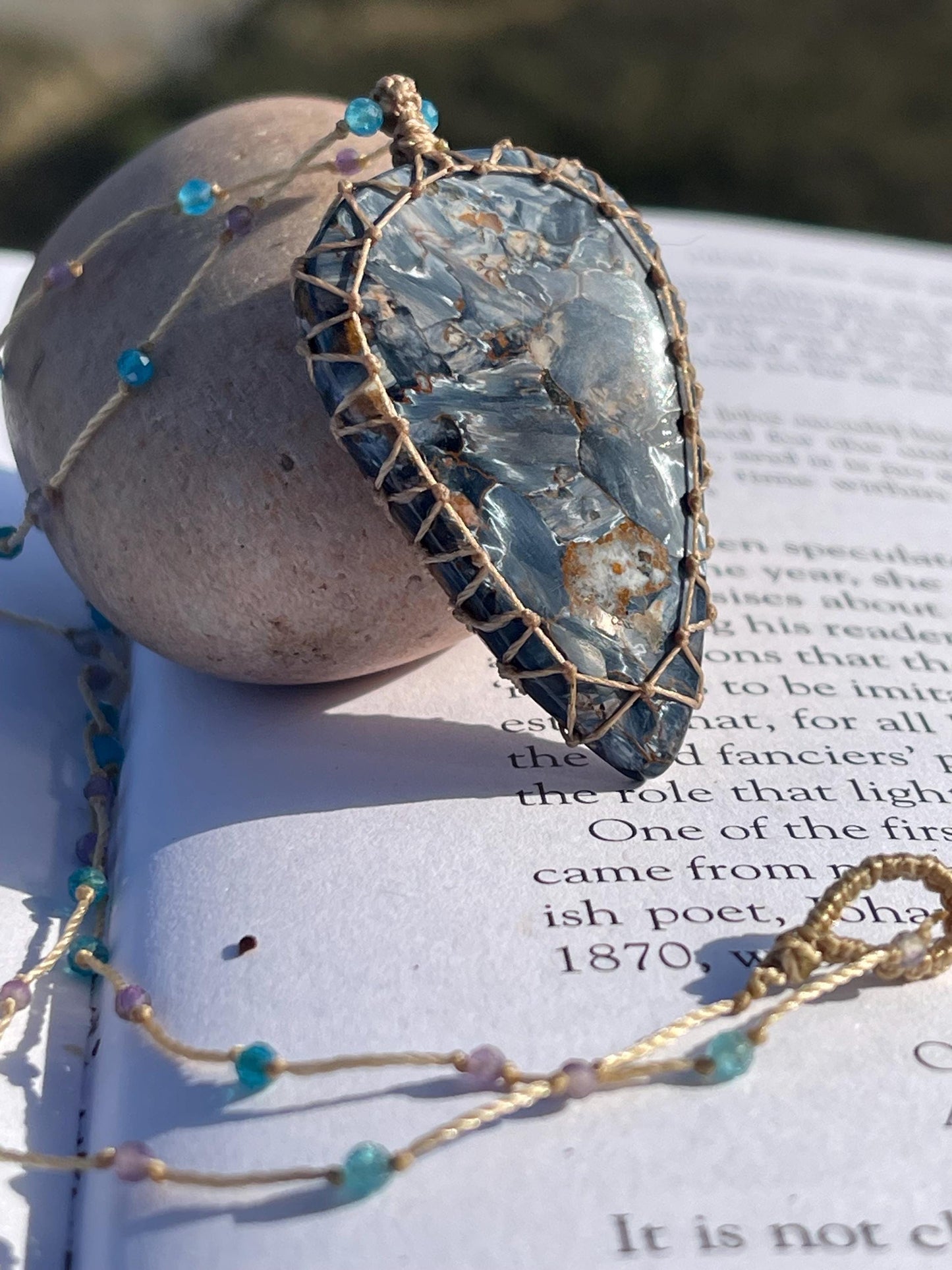 Stunning pietersite gemstone necklace, citrine pendant. Handmade gemstone necklace, boho jewellery. Macrame jewellery. Unique necklace.