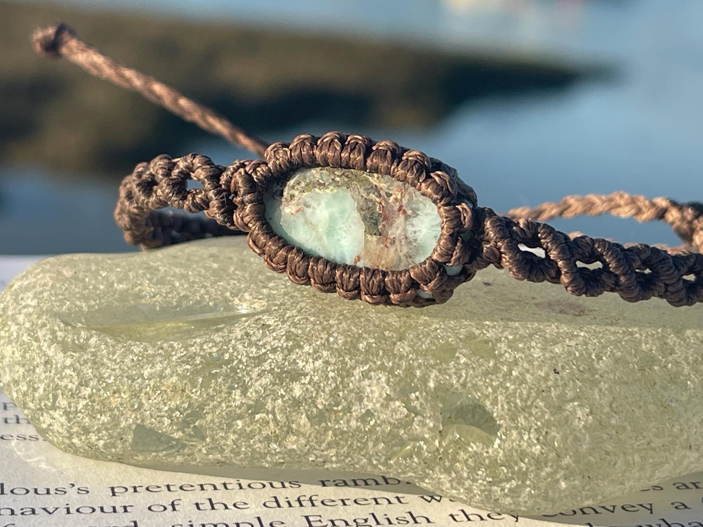 Stunning macrame wrapped Larimar bracelet, ethical jewellery, unusual jewellery, macrame jewellery. Gemstone macrame bracelet. Boho bangle