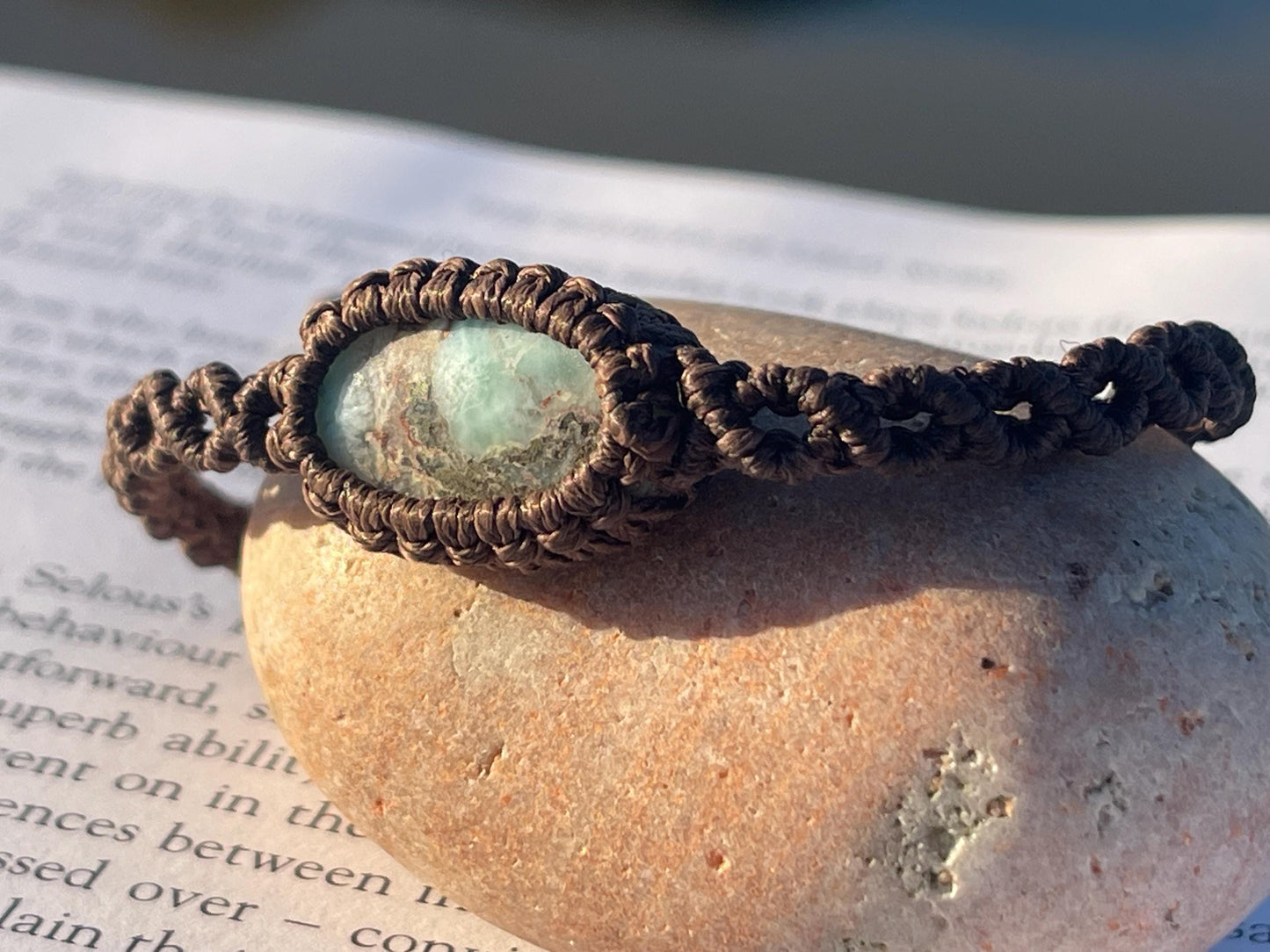 Stunning macrame wrapped Larimar bracelet, ethical jewellery, unusual jewellery, macrame jewellery. Gemstone macrame bracelet. Boho bangle
