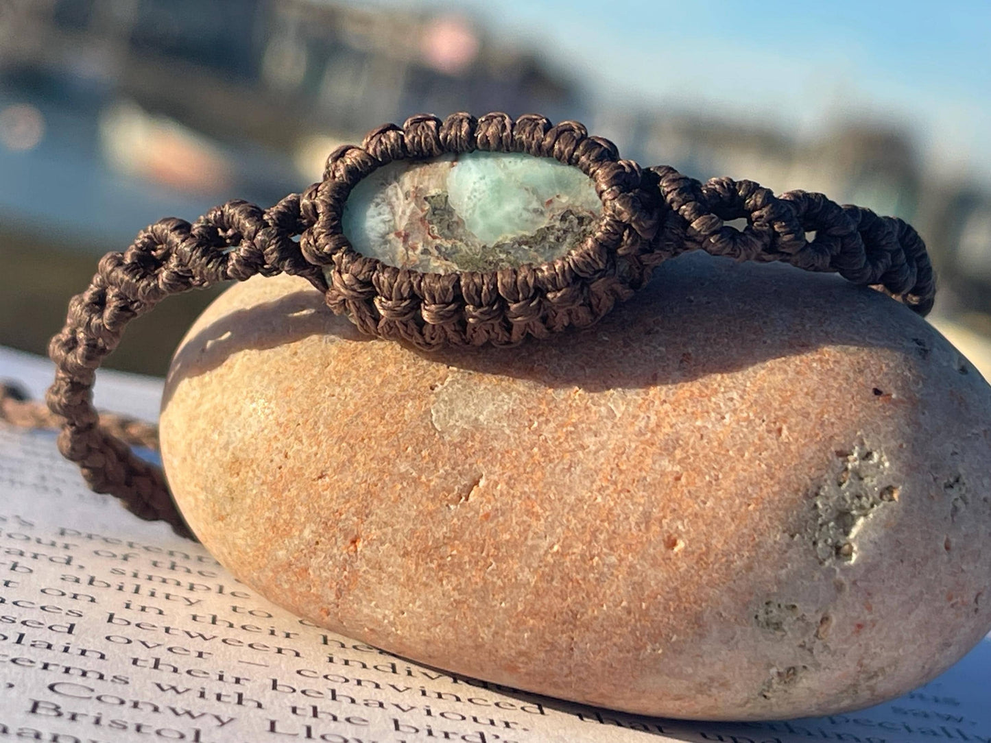 Stunning macrame wrapped Larimar bracelet, ethical jewellery, unusual jewellery, macrame jewellery. Gemstone macrame bracelet. Boho bangle