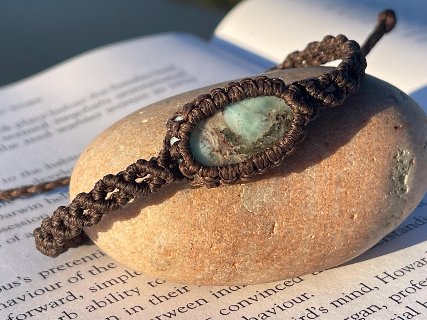 Stunning macrame wrapped Larimar bracelet, ethical jewellery, unusual jewellery, macrame jewellery. Gemstone macrame bracelet. Boho bangle