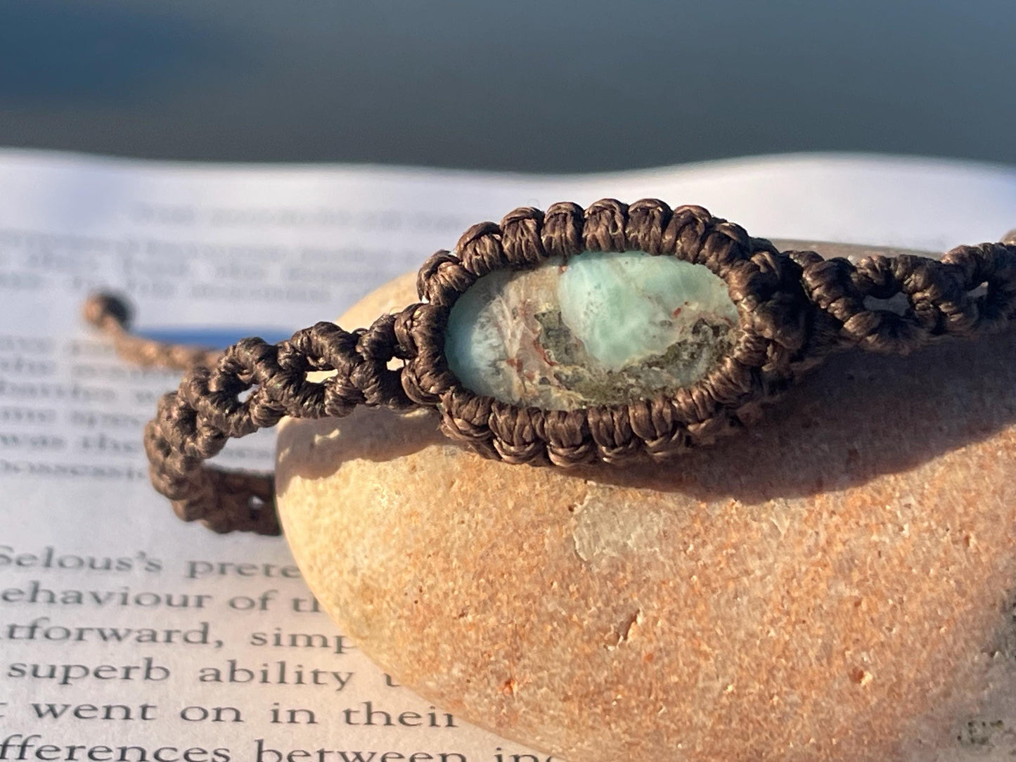 Stunning macrame wrapped Larimar bracelet, ethical jewellery, unusual jewellery, macrame jewellery. Gemstone macrame bracelet. Boho bangle