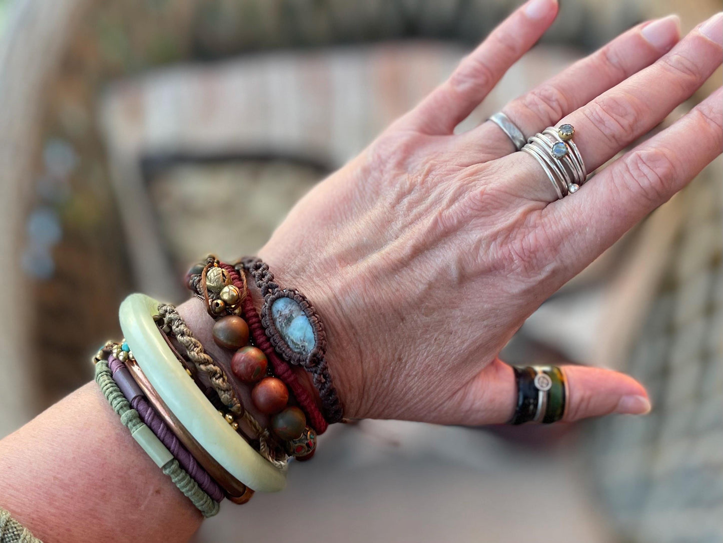 Stunning macrame wrapped Larimar bracelet, ethical jewellery, unusual jewellery, macrame jewellery. Gemstone macrame bracelet. Boho bangle