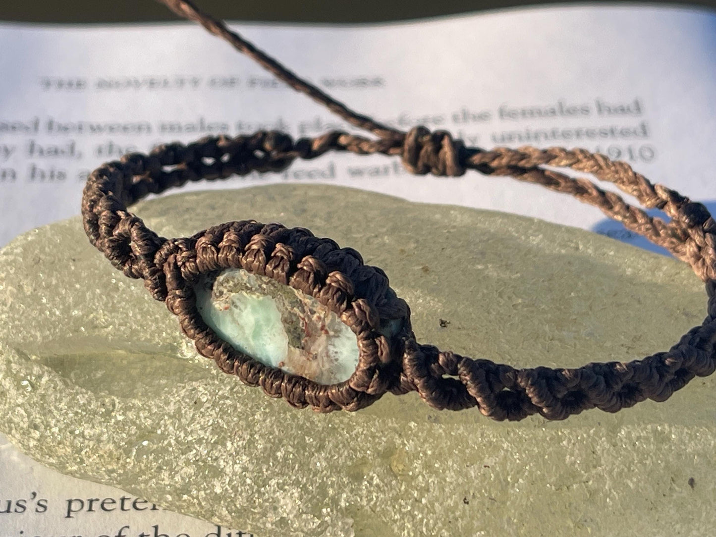 Stunning macrame wrapped Larimar bracelet, ethical jewellery, unusual jewellery, macrame jewellery. Gemstone macrame bracelet. Boho bangle