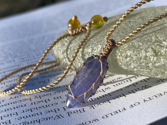 Stunning macrame tanzanite necklace on an adjustable cord. Handmade gemstone necklace, boho jewellery. Macrame jewellery. Unique necklace.