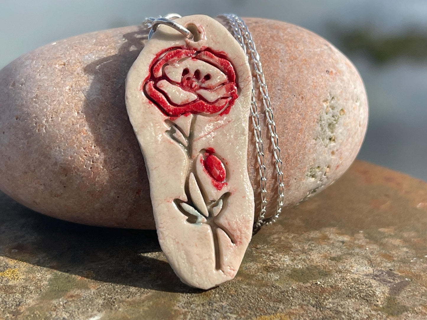 Handmade porcelain rose pendant. Eco friendly jewellery. Handmade rose necklaces on recycled sterling silver. Ethical jewellery. Eco gifts.