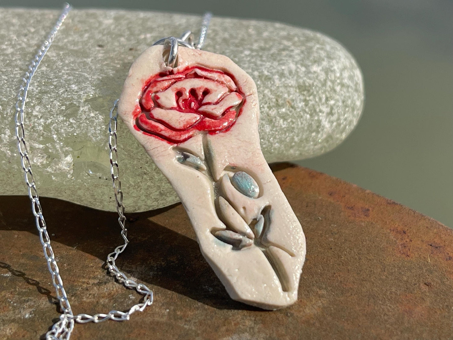 Handmade porcelain rose pendant. Eco friendly jewellery. Handmade rose necklaces on recycled sterling silver. Ethical jewellery. Eco gifts.