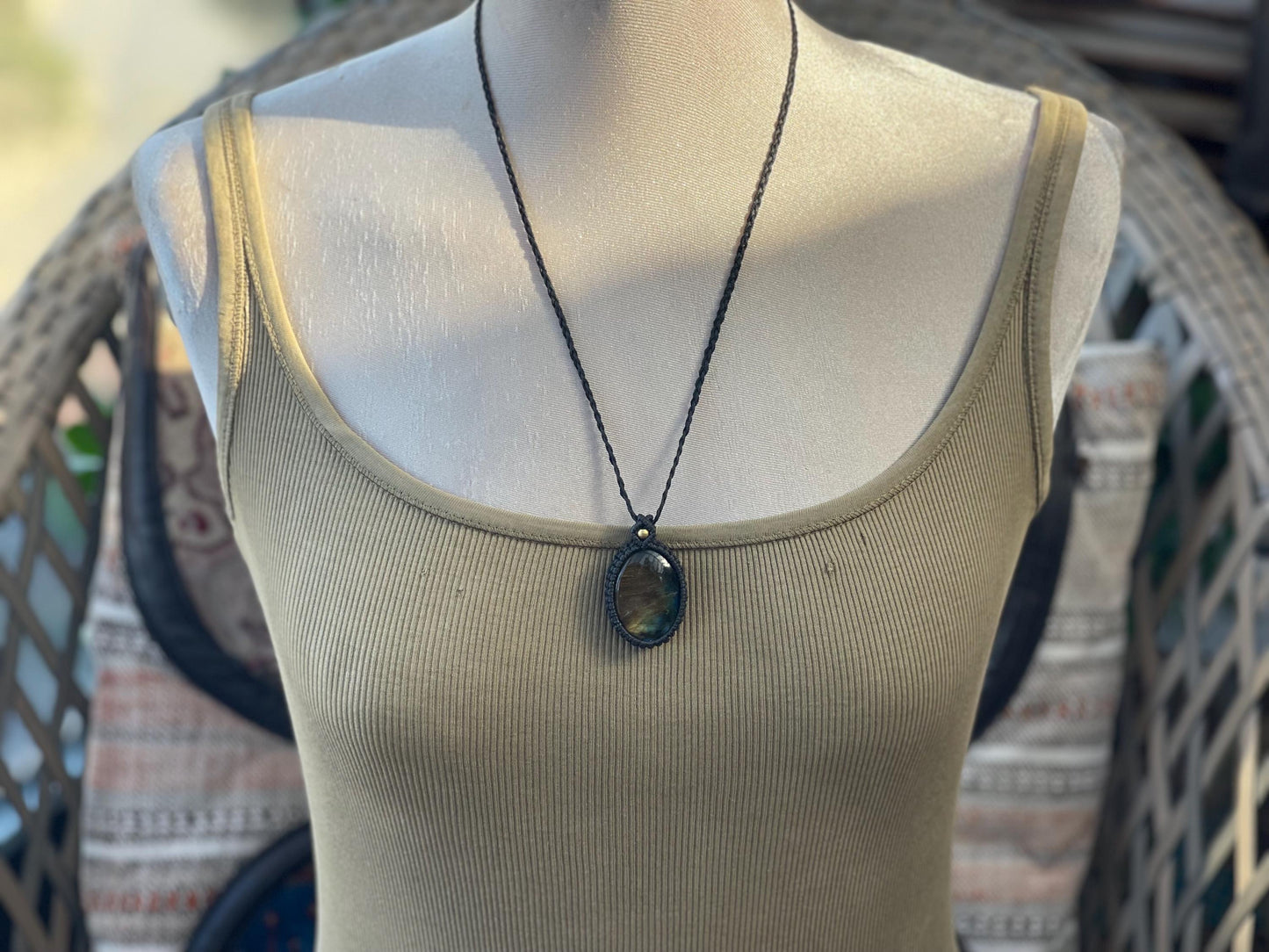 Stunning macrame labradorite necklace on an adjustable cord. Handmade gemstone necklace, boho jewellery. Macrame jewellery. Unique necklace.