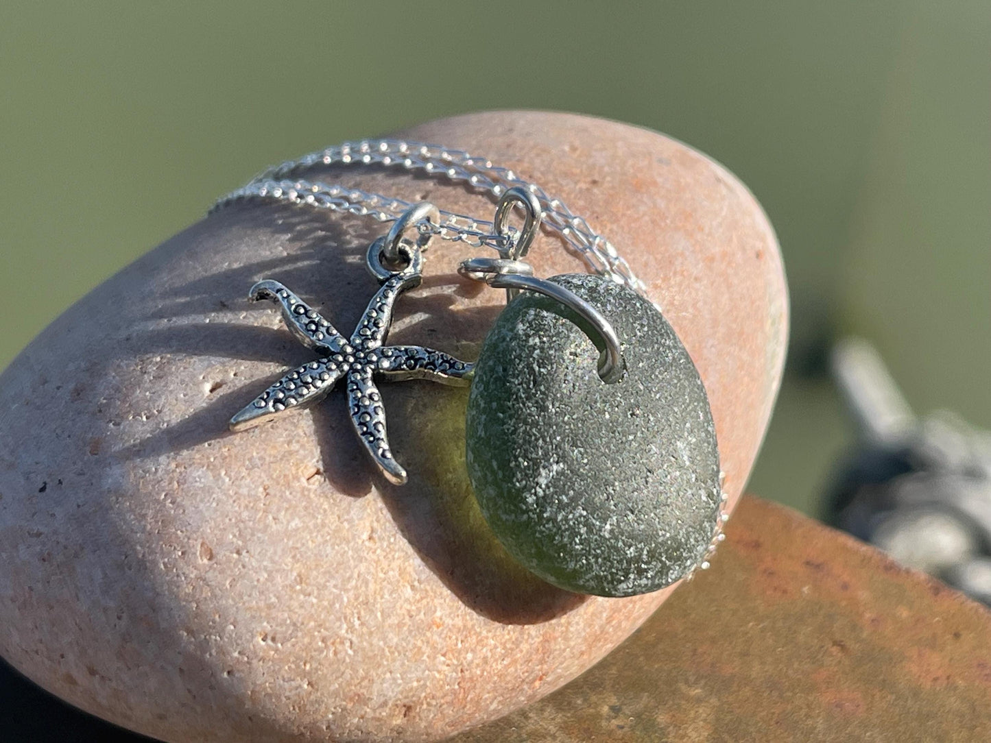 Eco friendly sea glass necklace on a sterling silver chain showcasing a little starfish. Starfish pendant,  eco friendly jewellery. Boho