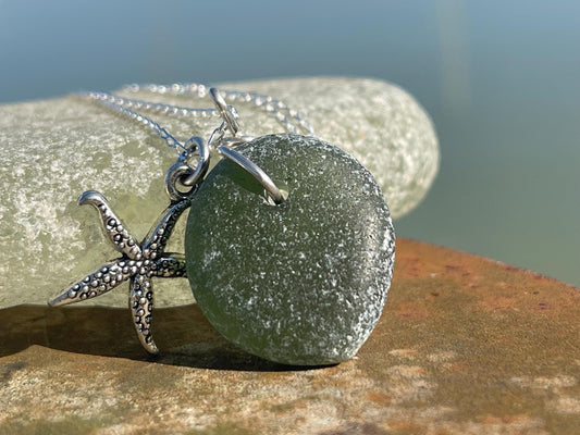 Eco friendly sea glass necklace on a sterling silver chain showcasing a little starfish. Starfish pendant,  eco friendly jewellery. Boho