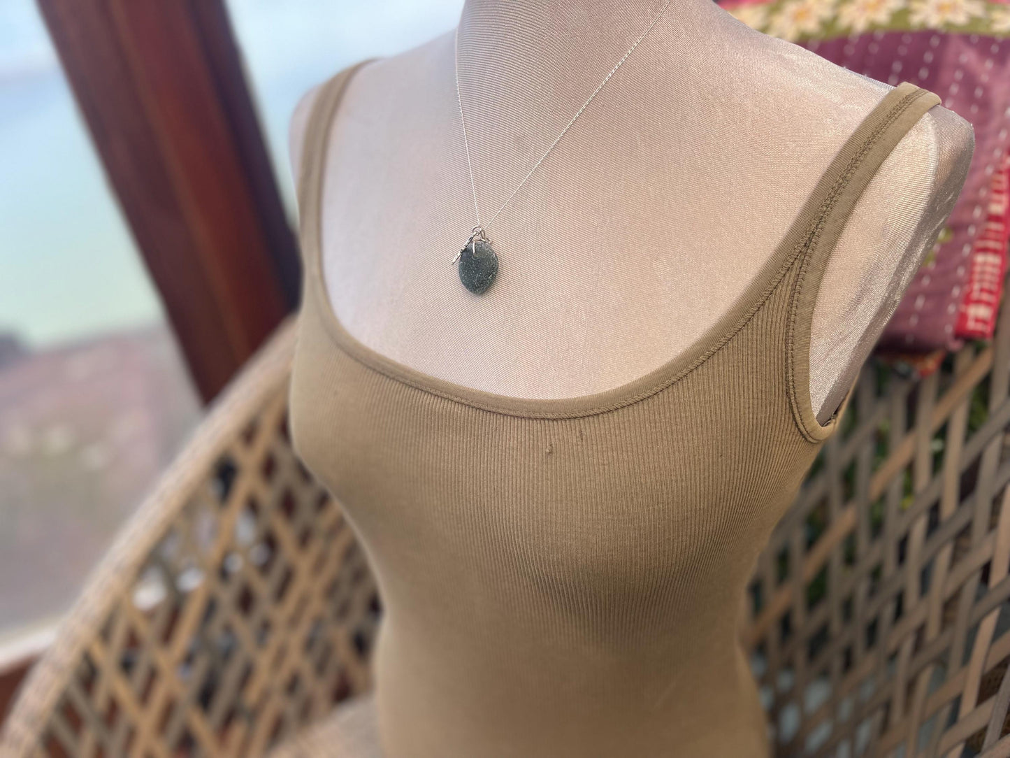 Eco friendly sea glass necklace on a sterling silver chain showcasing a little starfish. Starfish pendant,  eco friendly jewellery. Boho