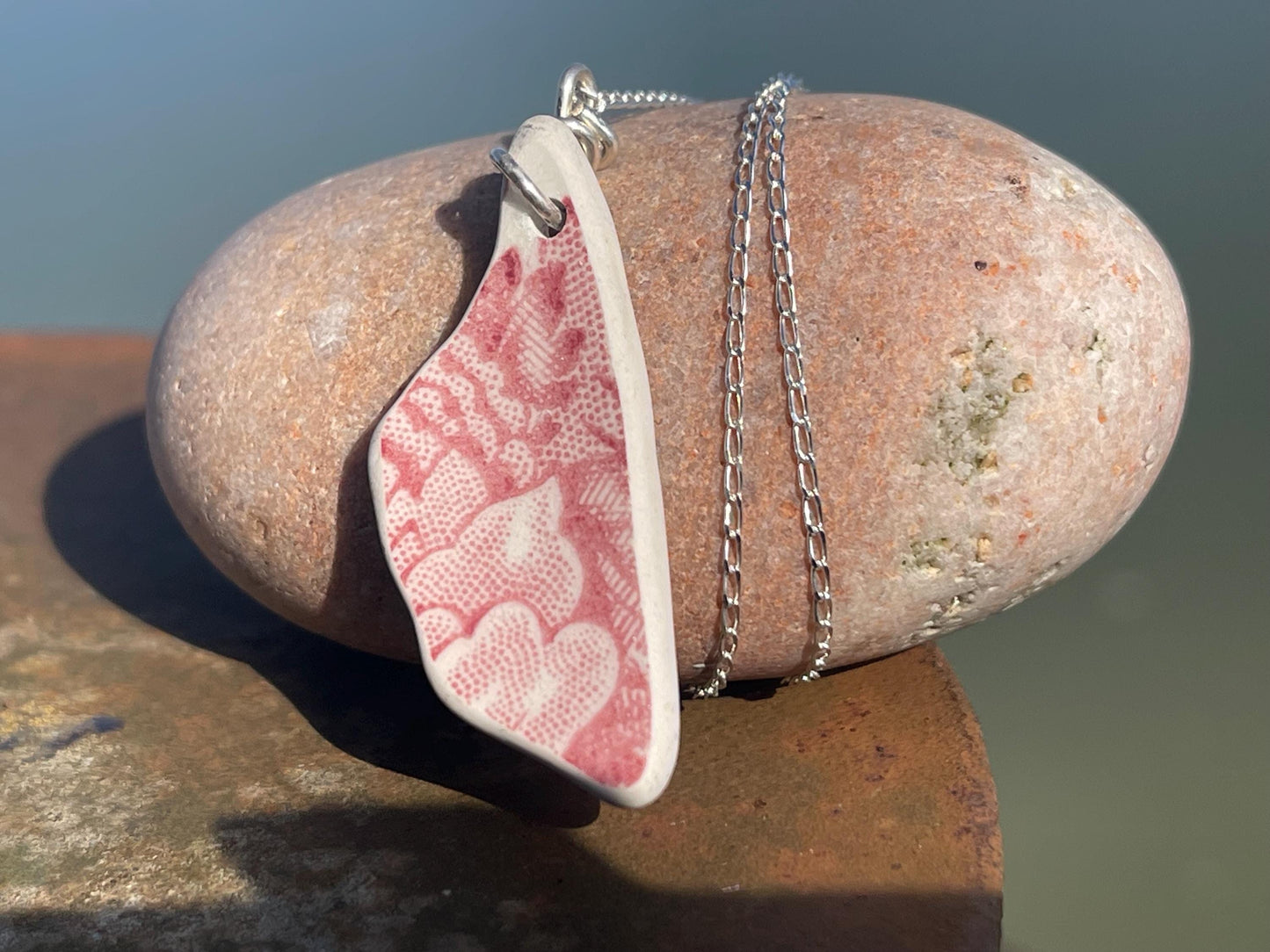 Eco friendly sea ceramic necklace on a sterling silver chain. Eco friendly jewellery, ethical jewellery. Eco friendly necklace.