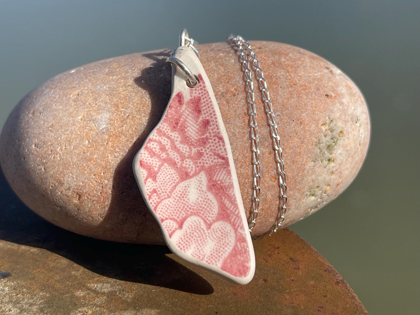 Eco friendly sea ceramic necklace on a sterling silver chain. Eco friendly jewellery, ethical jewellery. Eco friendly necklace.