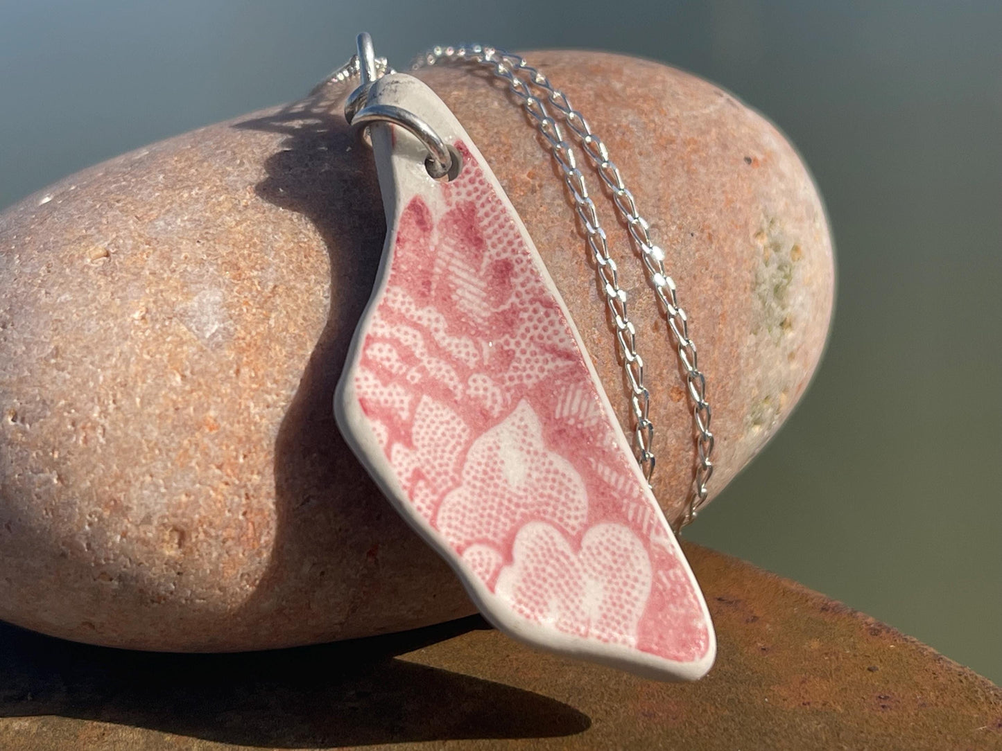 Eco friendly sea ceramic necklace on a sterling silver chain. Eco friendly jewellery, ethical jewellery. Eco friendly necklace.