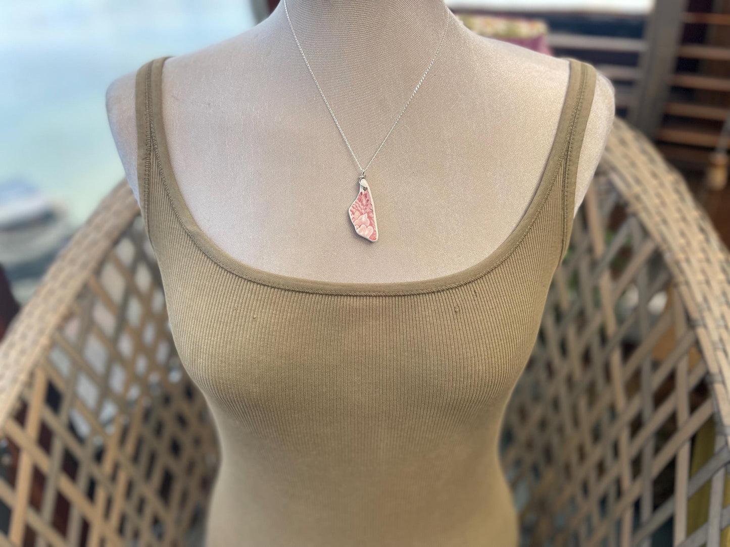 Eco friendly sea ceramic necklace on a sterling silver chain. Eco friendly jewellery, ethical jewellery. Eco friendly necklace.