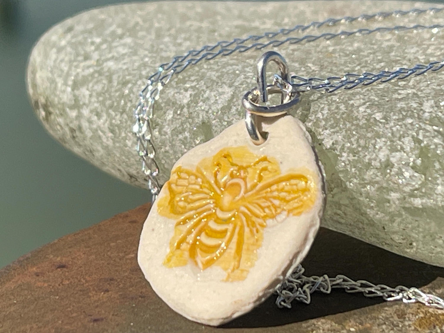 Handmade bee necklace. Eco friendly jewellery. Ethical pendants made with waste clay and recycled sterling silver. Ethical jewellery.