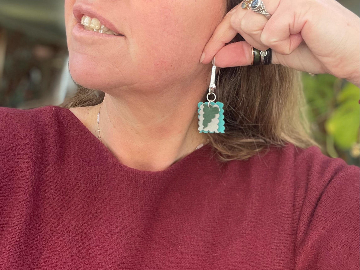 Eco friendly earrings made with sustainable cactus leather. Cruelty free, ethical, sustainable earrings. Eco friendly jewellery.