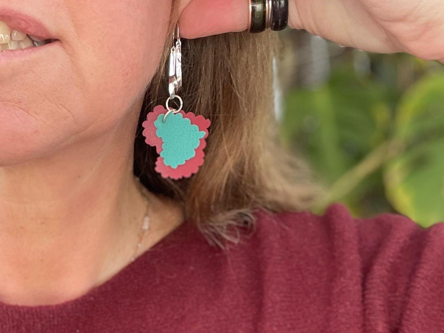 Eco friendly earrings made with sustainable cactus leather. Cruelty free, ethical, sustainable earrings. Eco friendly jewellery.
