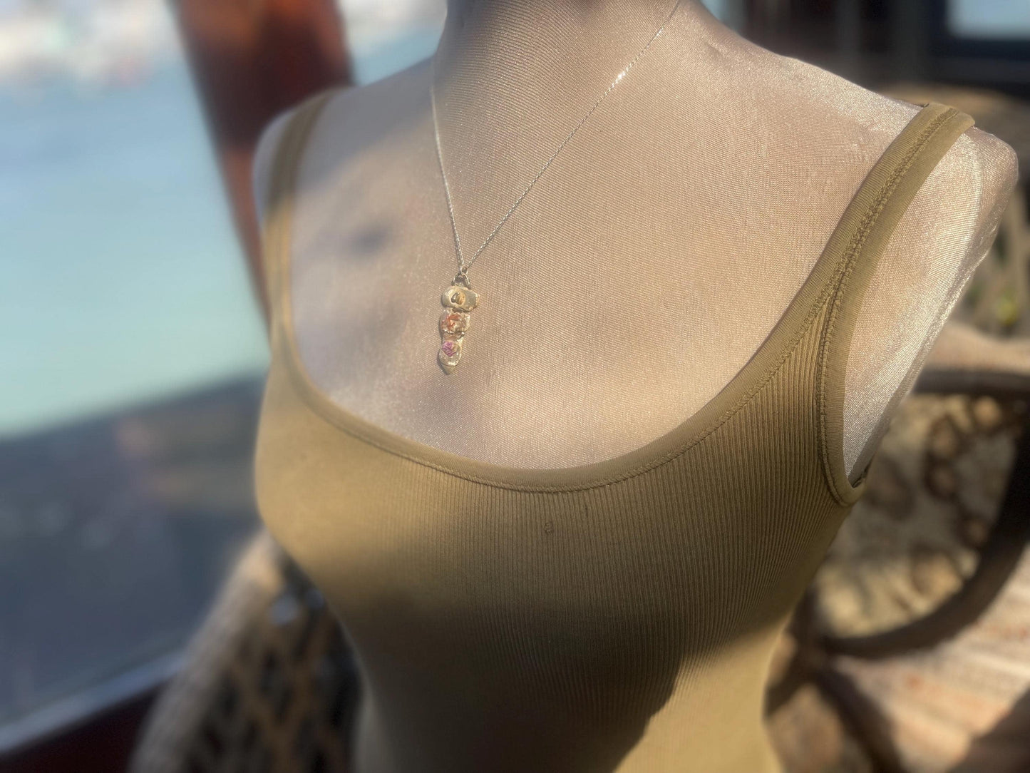 Recycled silver artisan necklace. On sale as it is a practice piece. Integrating seaweed and a violet petal. Unique silver artisan necklace.