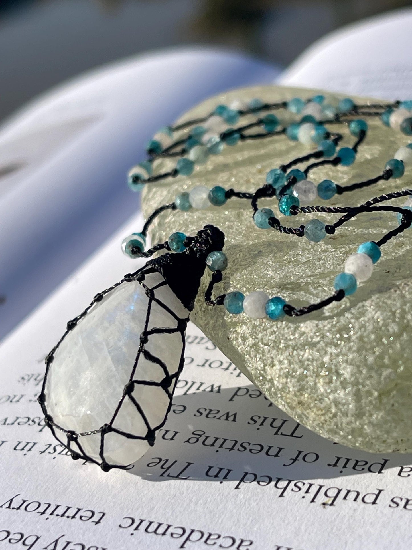 Stunning macrame moonstone necklace on an adjustable cord. Handmade gemstone necklace, boho jewellery. Macrame jewellery. Unique necklace.