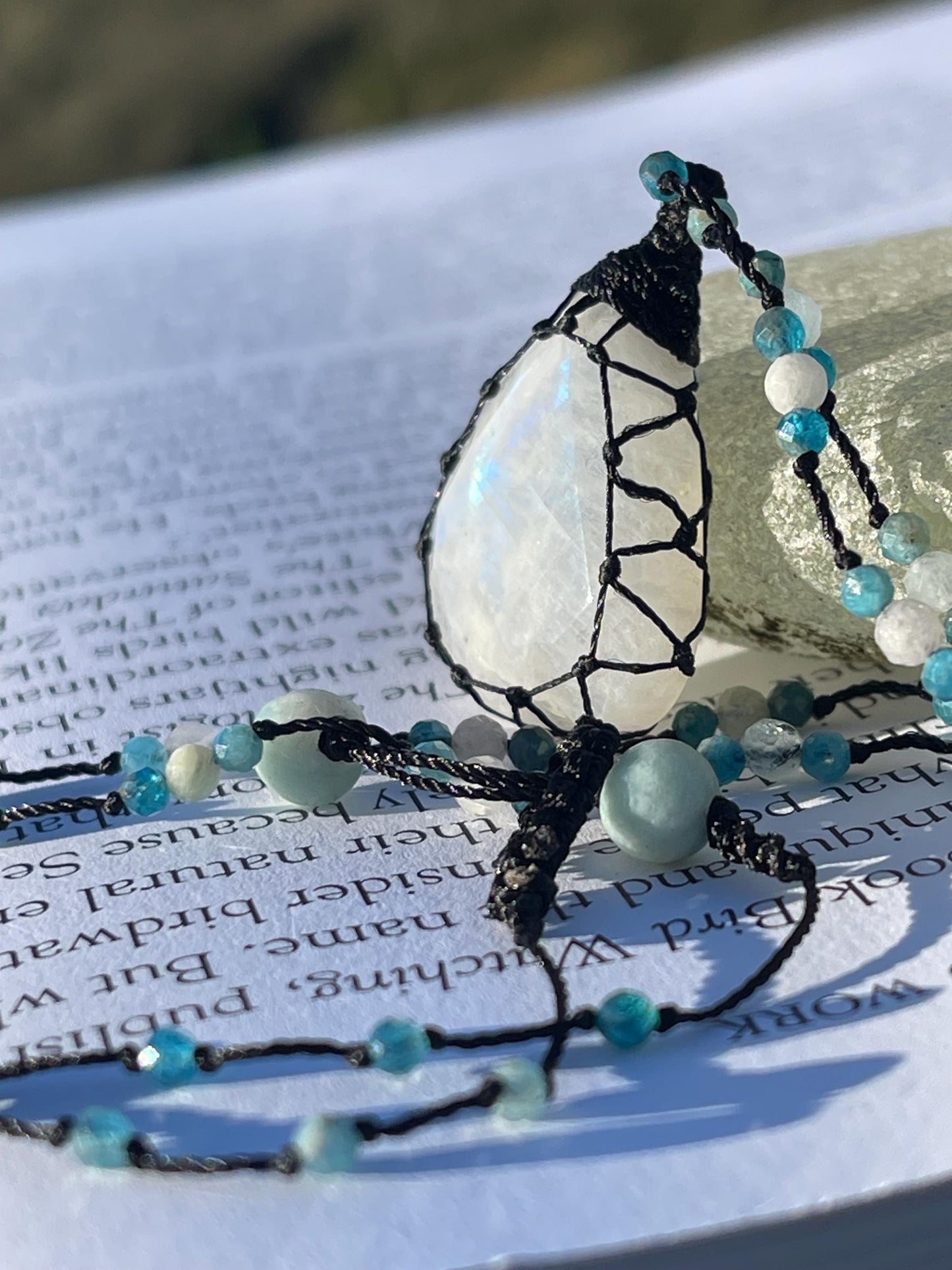 Stunning macrame moonstone necklace on an adjustable cord. Handmade gemstone necklace, boho jewellery. Macrame jewellery. Unique necklace.