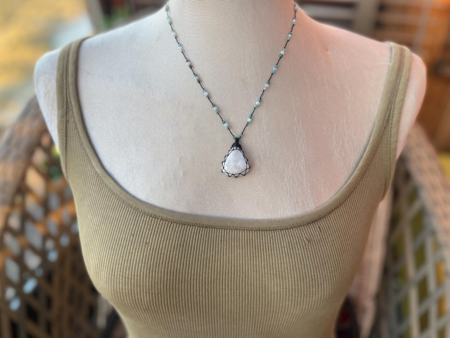 Stunning macrame moonstone necklace on an adjustable cord. Handmade gemstone necklace, boho jewellery. Macrame jewellery. Unique necklace.