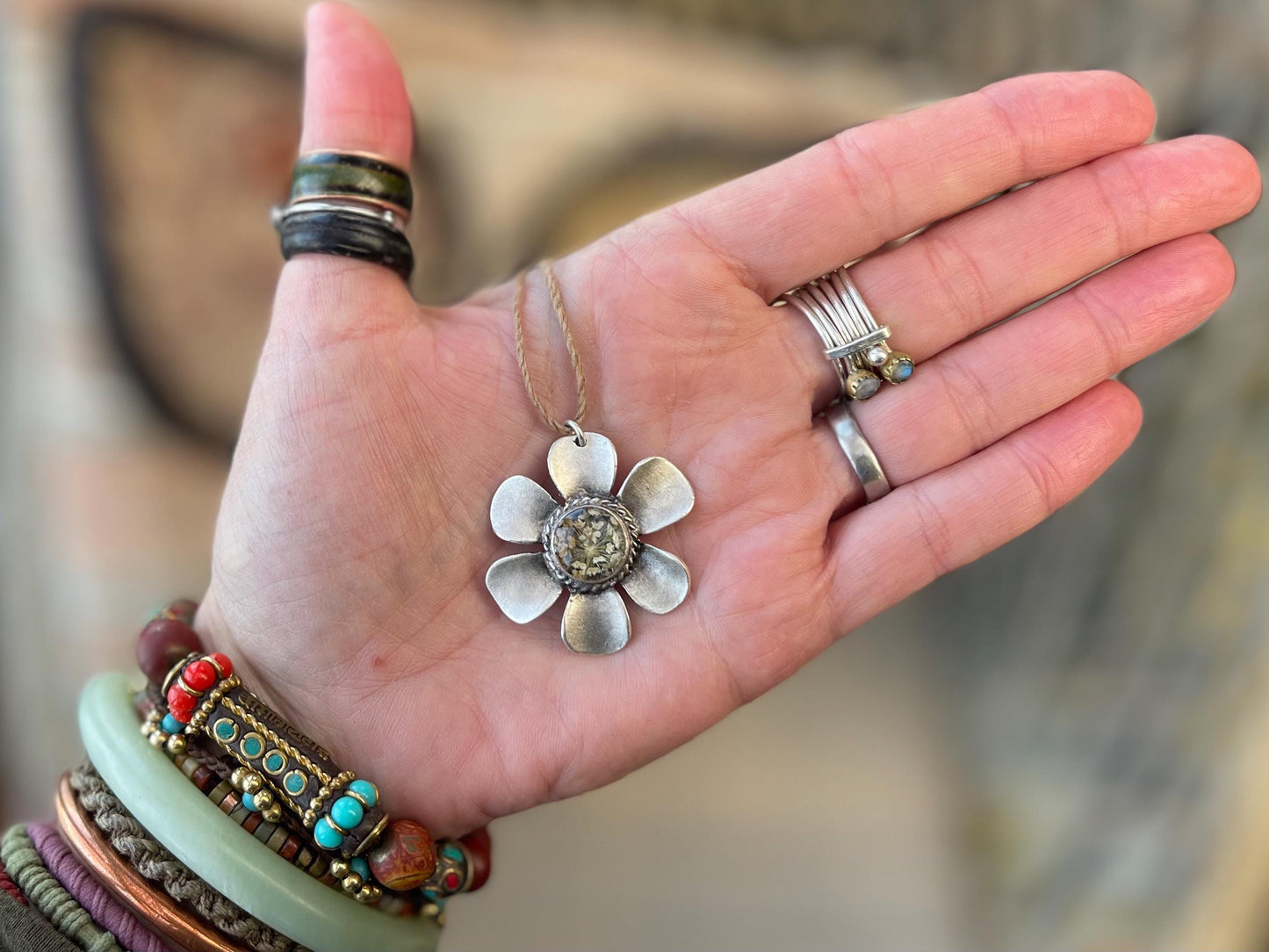Flower necklace, ethical jewellery, carrot necklace, handmade necklace boho jewellery,  gift for her, flower pendant, gift for gardener