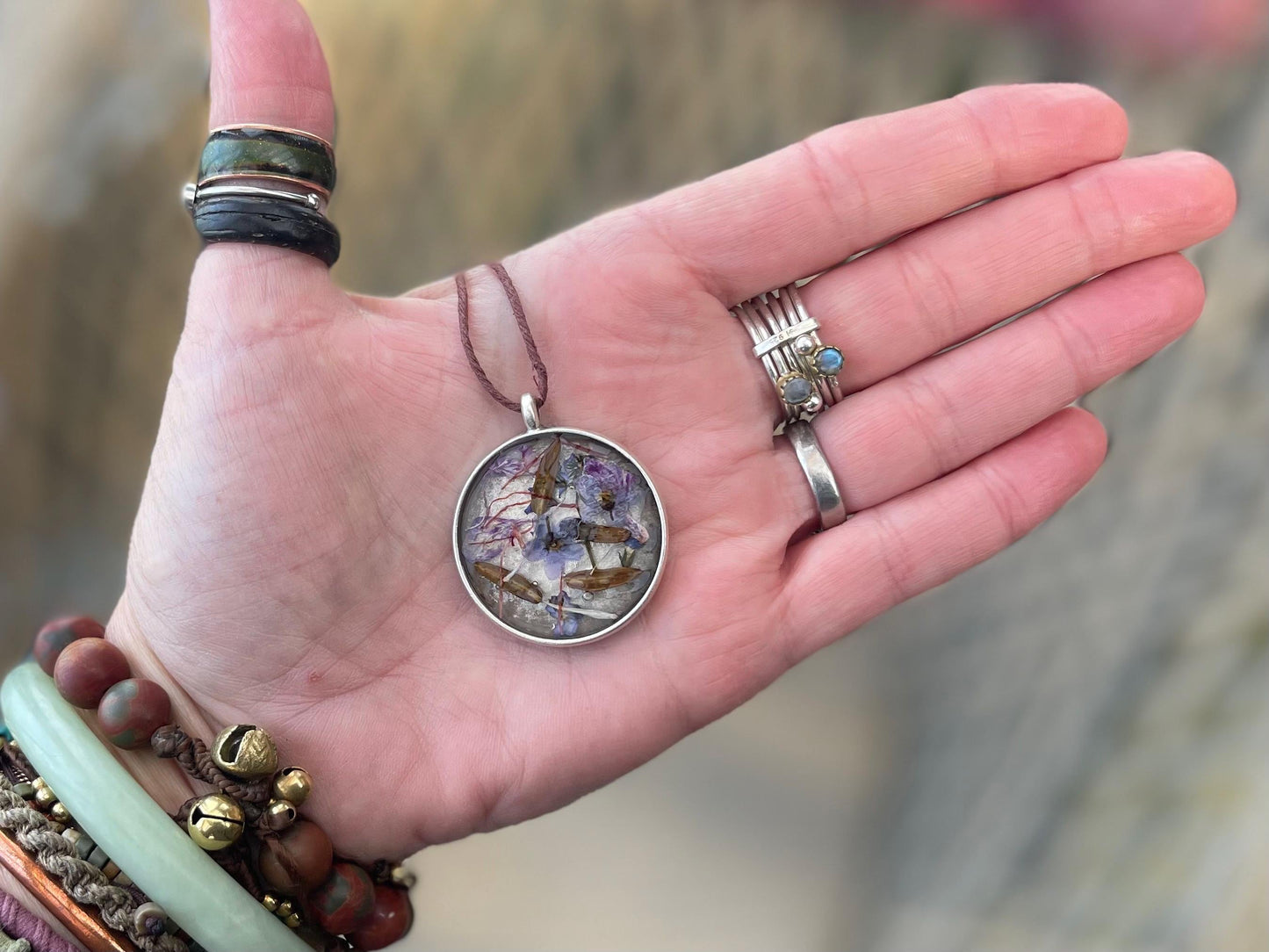 Flower necklace, ethical jewellery, forget me not necklace, handmade necklace, boho jewellery, flower pendant. Remembrance gifts.