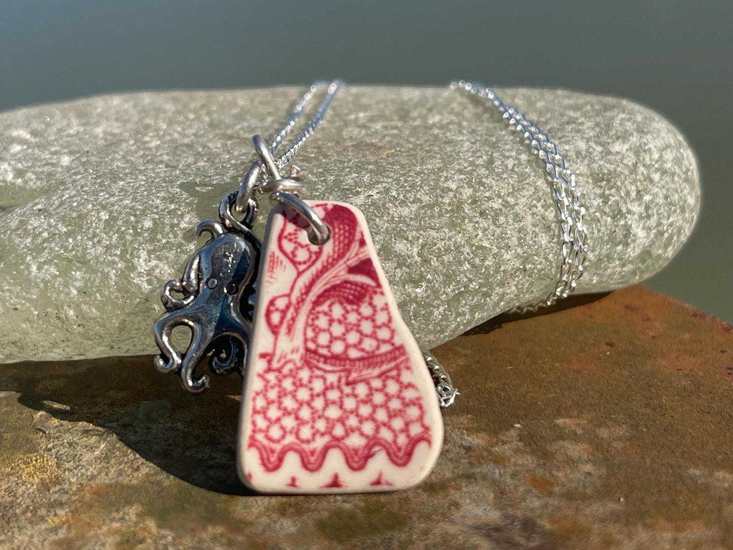 Eco friendly sea ceramic necklace on a sterling silver chain. Eco friendly jewellery, ethical jewellery. Eco friendly necklace.