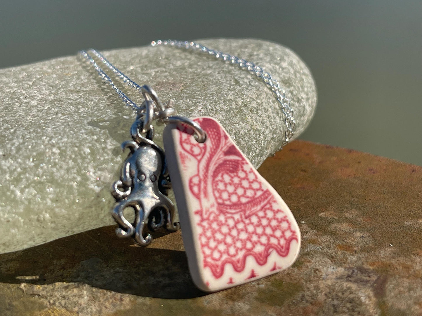 Eco friendly sea ceramic necklace on a sterling silver chain. Eco friendly jewellery, ethical jewellery. Eco friendly necklace.